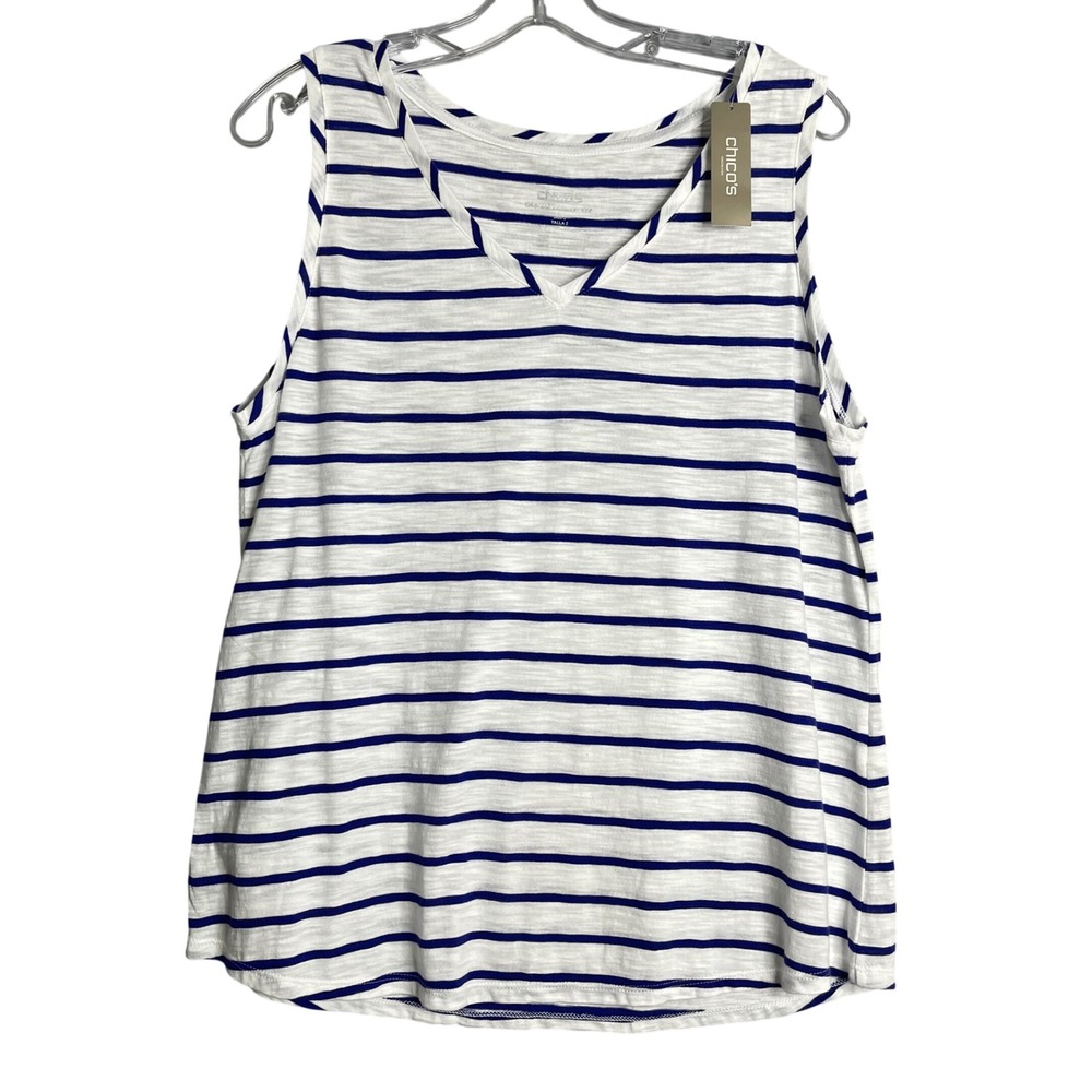 New Chico's Womens L 2 The Ultimate Tee Striped Tank Blue Basic Knit Classic‎